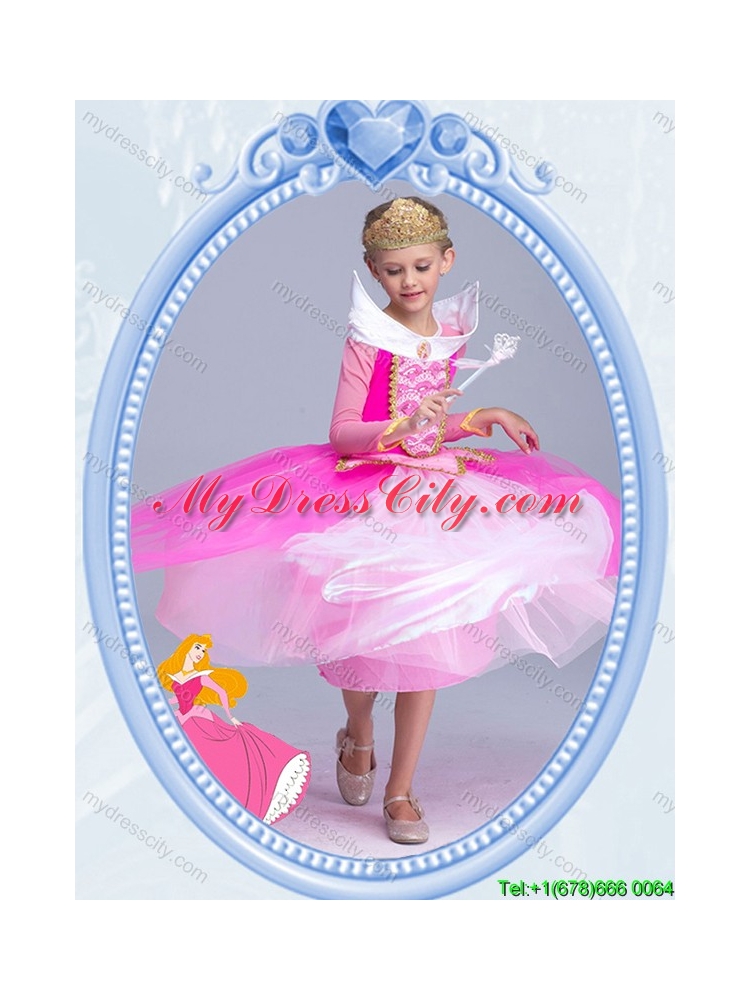 Halloween Elegant Tea Length Hot Pink Little Girl Pageant Dress with Long Sleeves