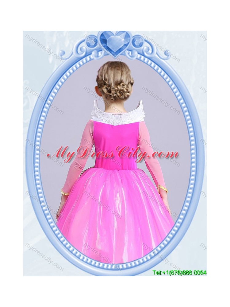 Halloween Elegant Tea Length Hot Pink Little Girl Pageant Dress with Long Sleeves