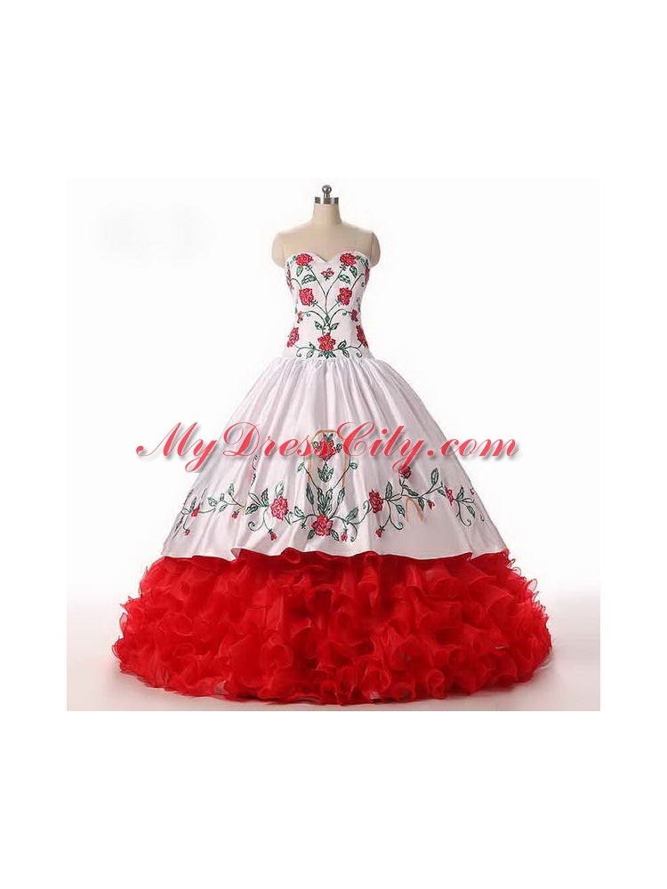 Sexy White and Red Sleeveless Floor Length Embroidery and Ruffled Layers Lace Up Quince Ball Gowns