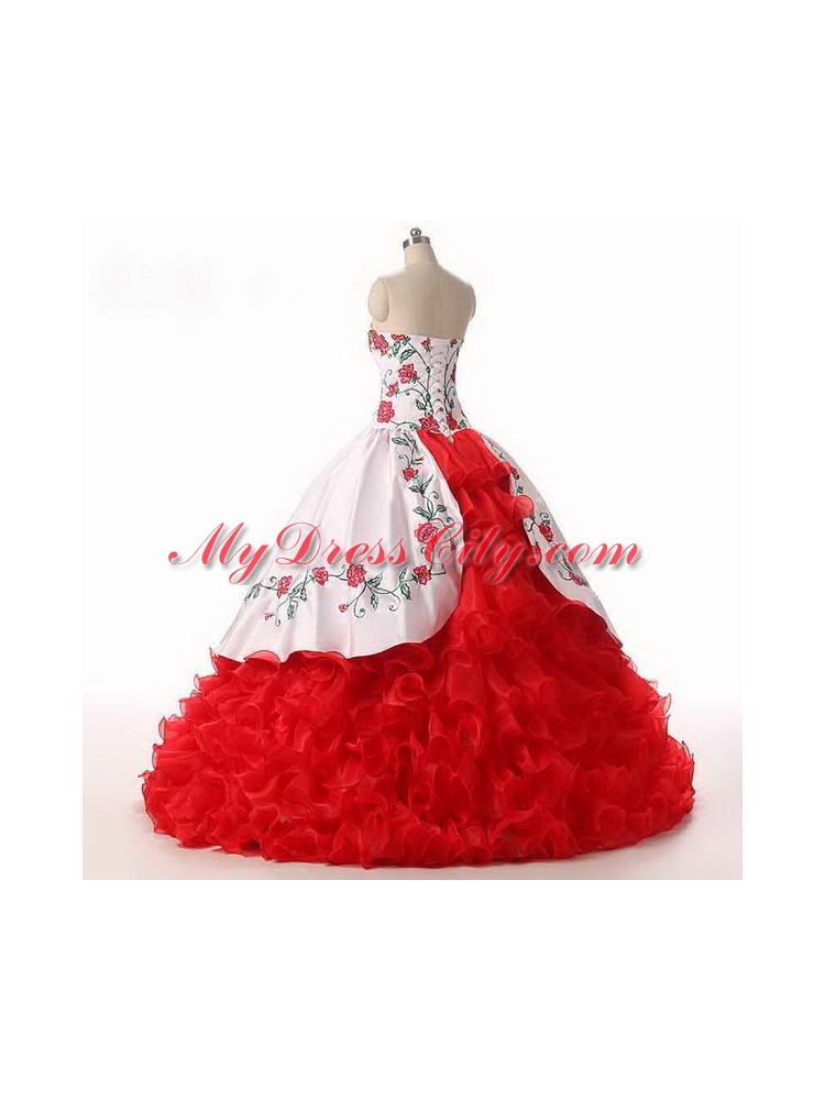 Sexy White and Red Sleeveless Floor Length Embroidery and Ruffled Layers Lace Up Quince Ball Gowns