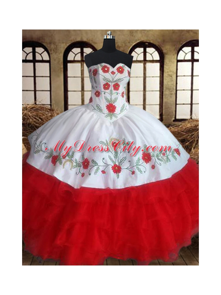 Sexy White and Red Sleeveless Floor Length Embroidery and Ruffled Layers Lace Up Quince Ball Gowns