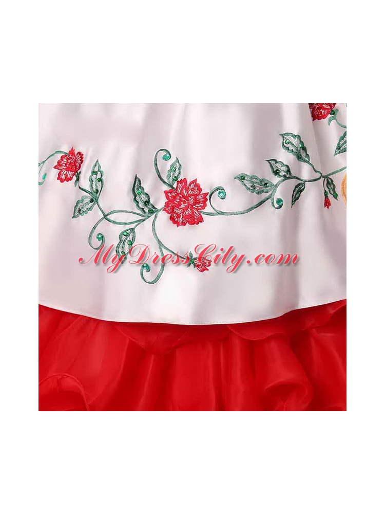 Sexy White and Red Sleeveless Floor Length Embroidery and Ruffled Layers Lace Up Quince Ball Gowns