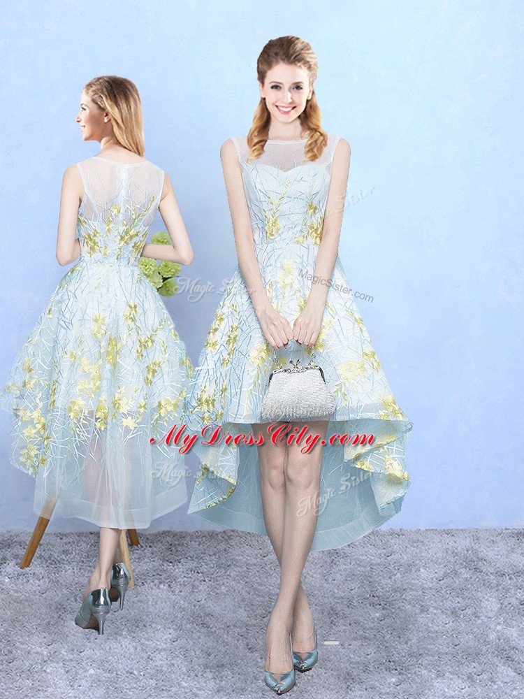 Sophisticated Scoop Sleeveless Dama Dress for Quinceanera High Low Appliques and Pattern Apple Green Tulle