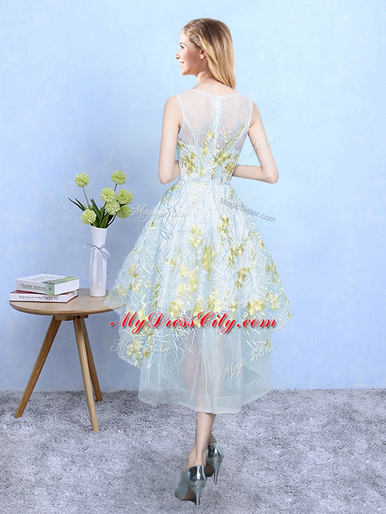 Sophisticated Scoop Sleeveless Dama Dress for Quinceanera High Low Appliques and Pattern Apple Green Tulle