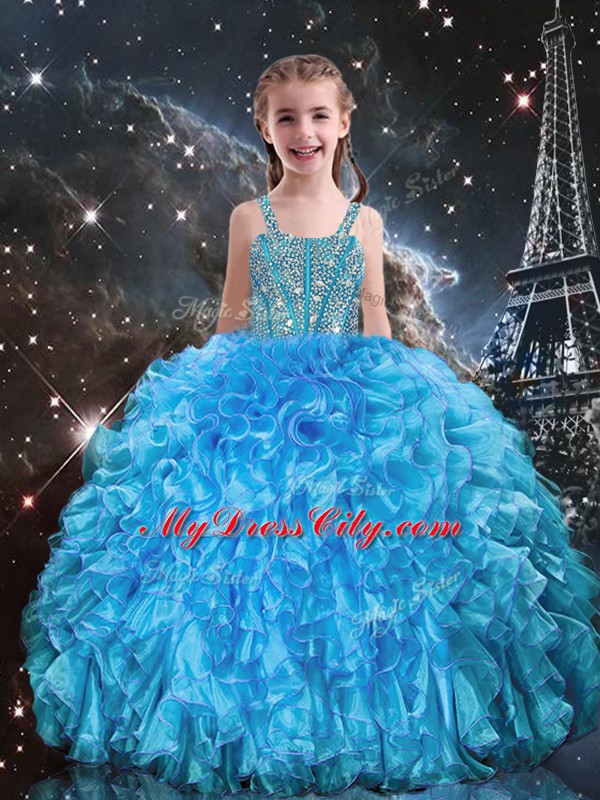 Beading and Ruffles Pageant Dress for Teens Baby Blue Lace Up Sleeveless Floor Length