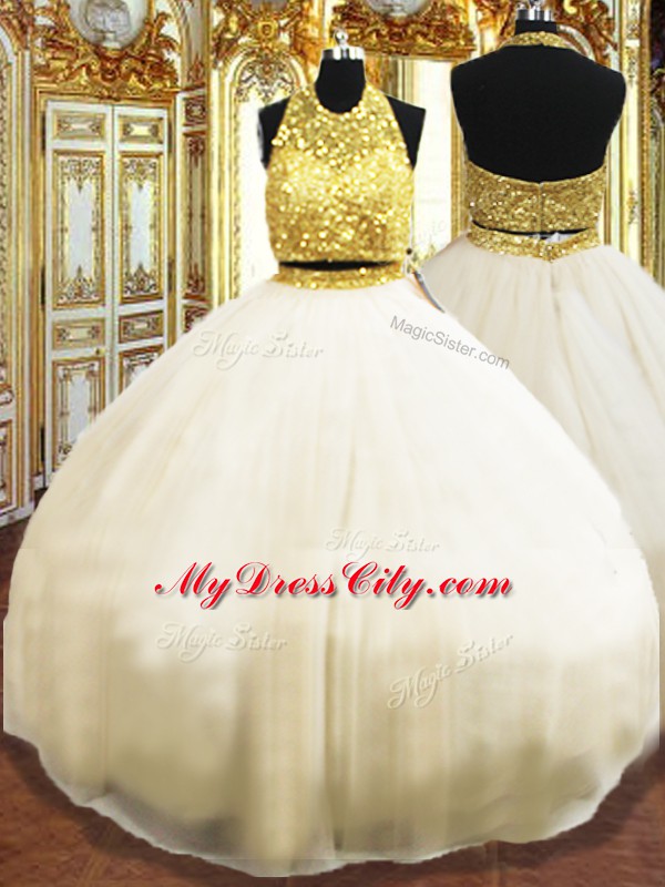 Artistic Tulle Halter Top Sleeveless Zipper Beading Sweet 16 Dress in Champagne