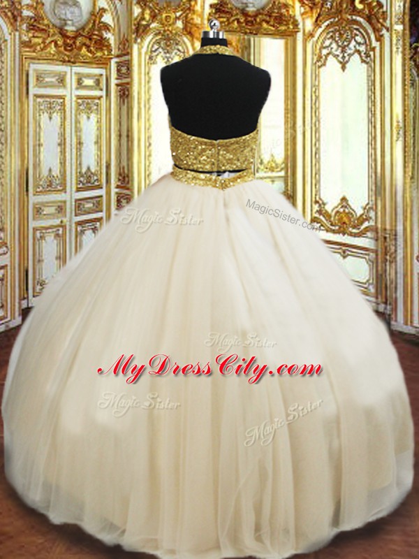 Artistic Tulle Halter Top Sleeveless Zipper Beading Sweet 16 Dress in Champagne