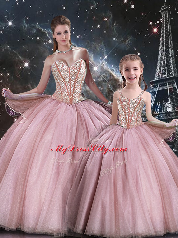 Fine Pink Ball Gowns Beading Quince Ball Gowns Lace Up Tulle Sleeveless Floor Length