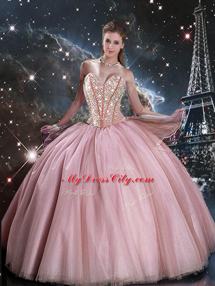 Fine Pink Ball Gowns Beading Quince Ball Gowns Lace Up Tulle Sleeveless Floor Length