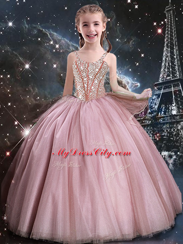 Fine Pink Ball Gowns Beading Quince Ball Gowns Lace Up Tulle Sleeveless Floor Length