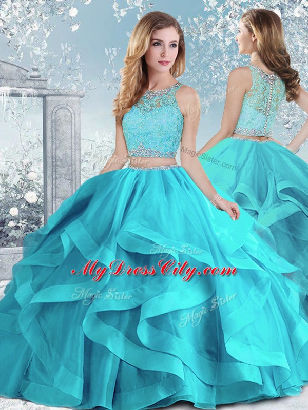 Floor Length Aqua Blue 15th Birthday Dress Organza Sleeveless Beading and Ruffles