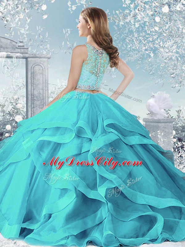 Floor Length Aqua Blue 15th Birthday Dress Organza Sleeveless Beading and Ruffles