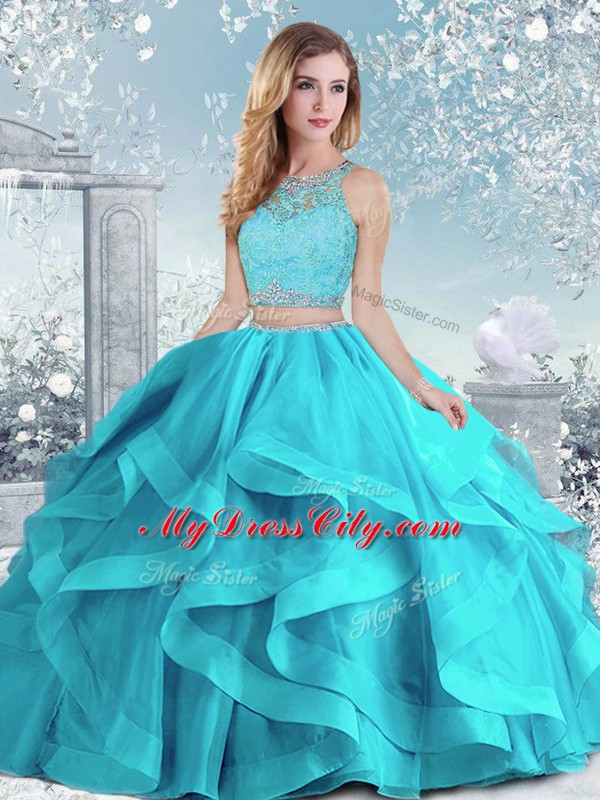 Floor Length Aqua Blue 15th Birthday Dress Organza Sleeveless Beading and Ruffles