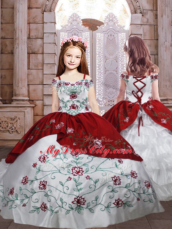 New Style White And Red Sleeveless Taffeta Lace Up Kids Formal Wear for Quinceanera and Wedding Party