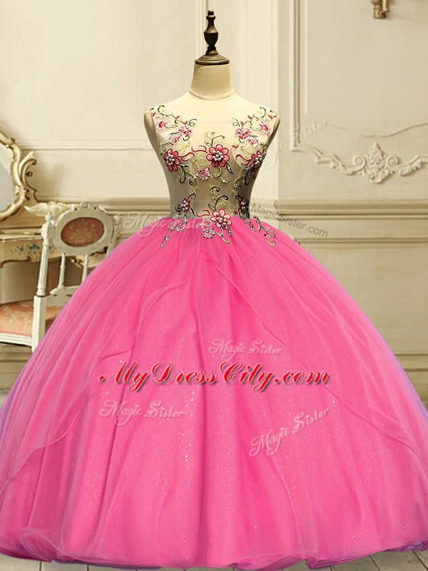 Rose Pink Lace Up Ball Gown Prom Dress Appliques Sleeveless Floor Length