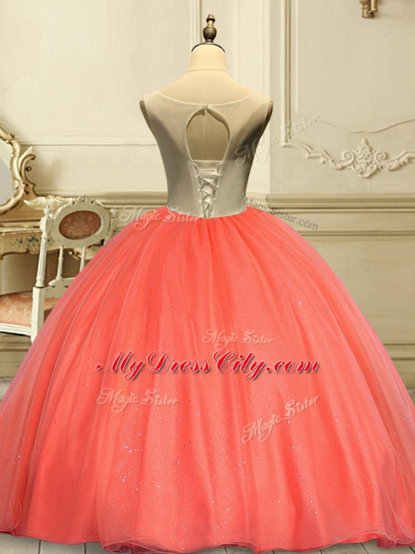 Rose Pink Lace Up Ball Gown Prom Dress Appliques Sleeveless Floor Length