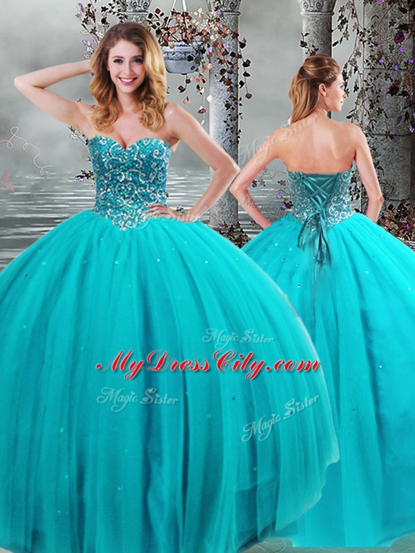 Traditional Floor Length Lace Up Quince Ball Gowns Aqua Blue for Military Ball and Sweet 16 and Quinceanera with Beading