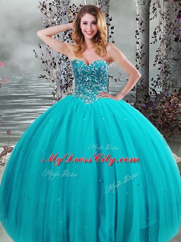 Traditional Floor Length Lace Up Quince Ball Gowns Aqua Blue for Military Ball and Sweet 16 and Quinceanera with Beading