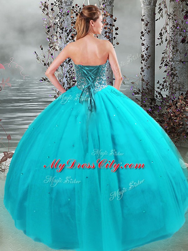 Traditional Floor Length Lace Up Quince Ball Gowns Aqua Blue for Military Ball and Sweet 16 and Quinceanera with Beading