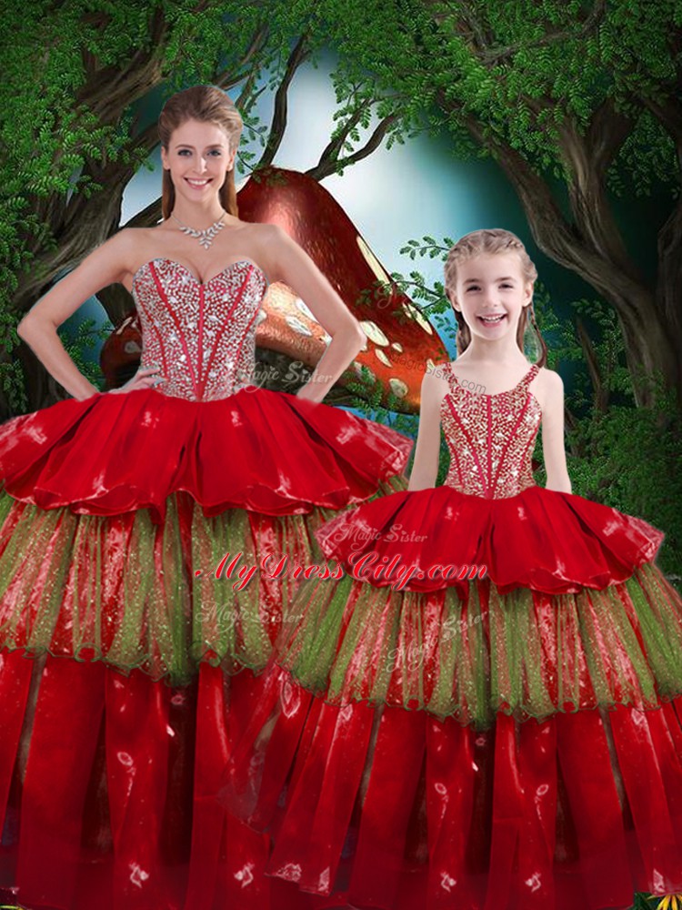 Wine Red Ball Gowns Organza Sweetheart Sleeveless Beading and Ruffled Layers Floor Length Lace Up Quinceanera Gown