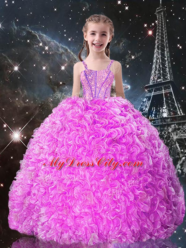 Fuchsia Sleeveless Beading and Ruffles Floor Length Pageant Dress for Girls