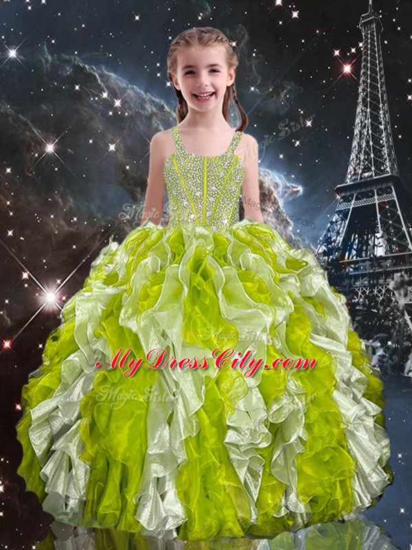 Charming Sleeveless Beading and Ruffles Lace Up Party Dress Wholesale with Olive Green