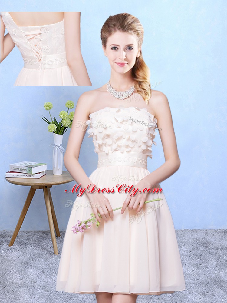 Champagne Lace Up Court Dresses for Sweet 16 Appliques Sleeveless Knee Length