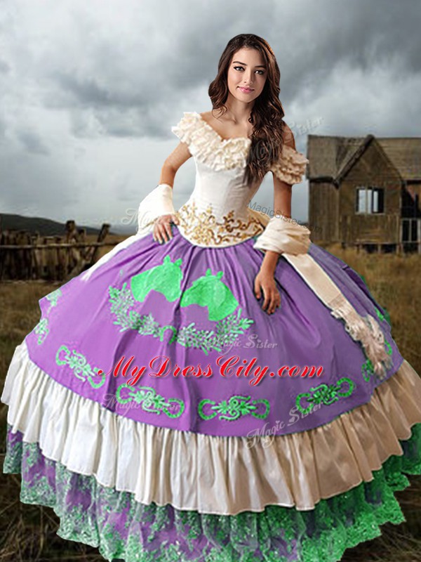 Hot Selling Multi-color Lace Up Sweet 16 Quinceanera Dress Embroidery and Ruffled Layers Sleeveless Brush Train