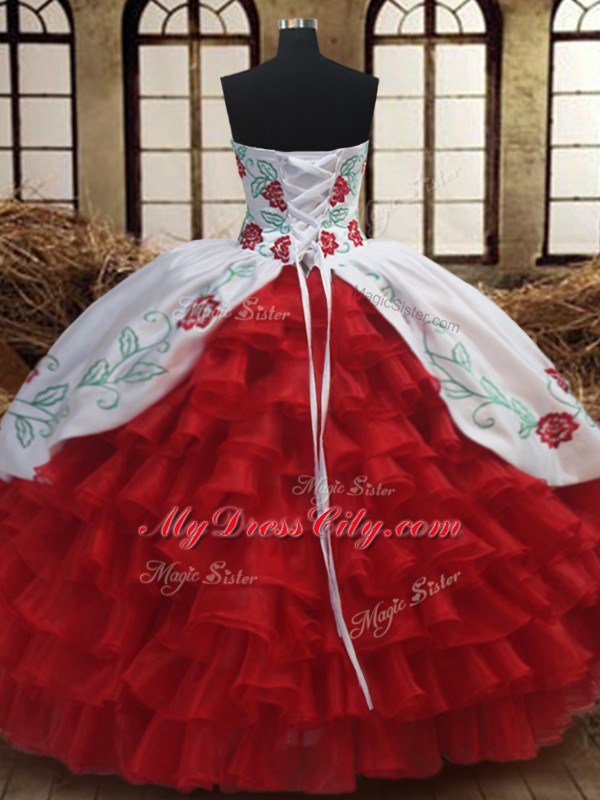 Custom Fit Wine Red Vestidos de Quinceanera Military Ball and Sweet 16 and Quinceanera with Embroidery and Ruffled Layers Sweetheart Sleeveless Lace Up