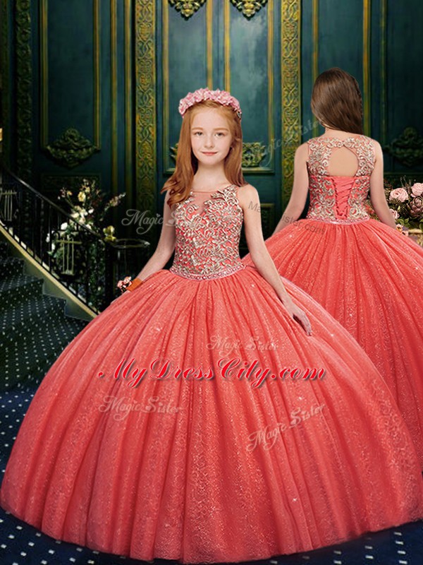 Top Selling Ball Gowns Pageant Gowns Watermelon Red Scoop Tulle Sleeveless Floor Length Lace Up