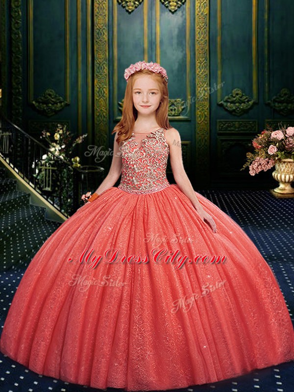 Top Selling Ball Gowns Pageant Gowns Watermelon Red Scoop Tulle Sleeveless Floor Length Lace Up