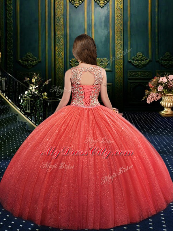 Top Selling Ball Gowns Pageant Gowns Watermelon Red Scoop Tulle Sleeveless Floor Length Lace Up