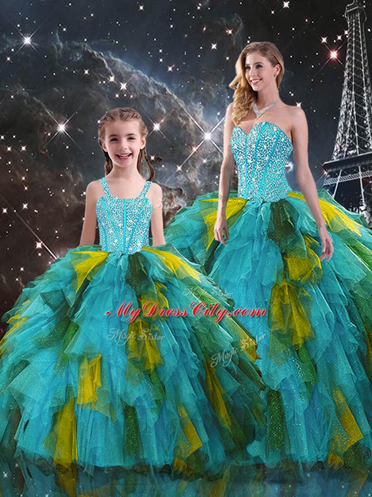 Eye-catching Sleeveless Organza Floor Length Lace Up Quinceanera Dress in Multi-color with Beading and Ruffles