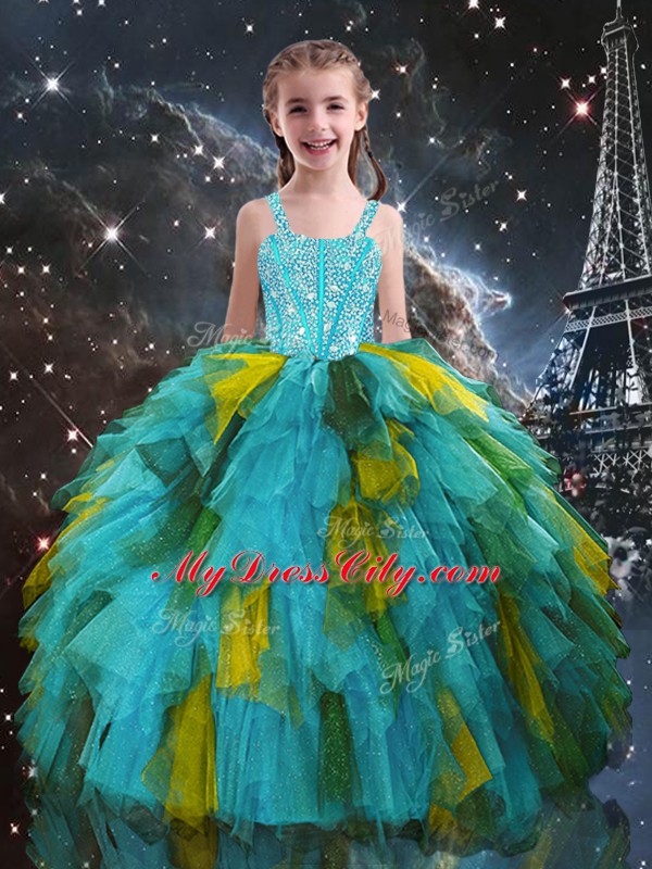 Eye-catching Sleeveless Organza Floor Length Lace Up Quinceanera Dress in Multi-color with Beading and Ruffles