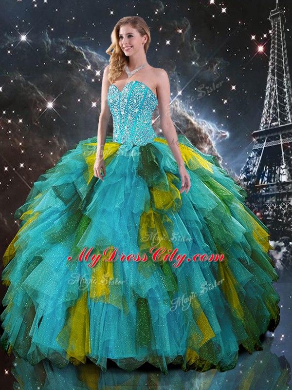 Eye-catching Sleeveless Organza Floor Length Lace Up Quinceanera Dress in Multi-color with Beading and Ruffles