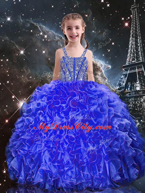 Royal Blue Organza Lace Up Straps Sleeveless Floor Length Party Dress Wholesale Beading and Ruffles