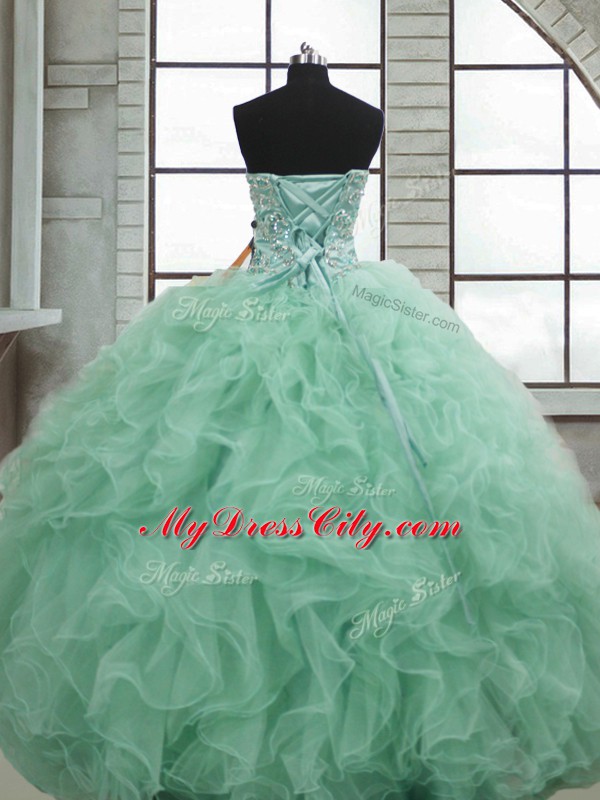 Sleeveless Organza Floor Length Lace Up Sweet 16 Quinceanera Dress in Apple Green with Beading and Ruffles