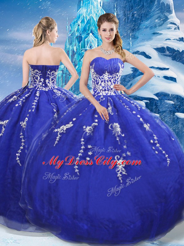 Customized Floor Length Blue Quinceanera Dresses Organza Sleeveless Appliques