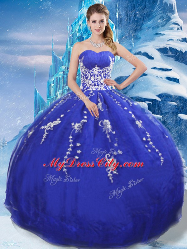 Customized Floor Length Blue Quinceanera Dresses Organza Sleeveless Appliques