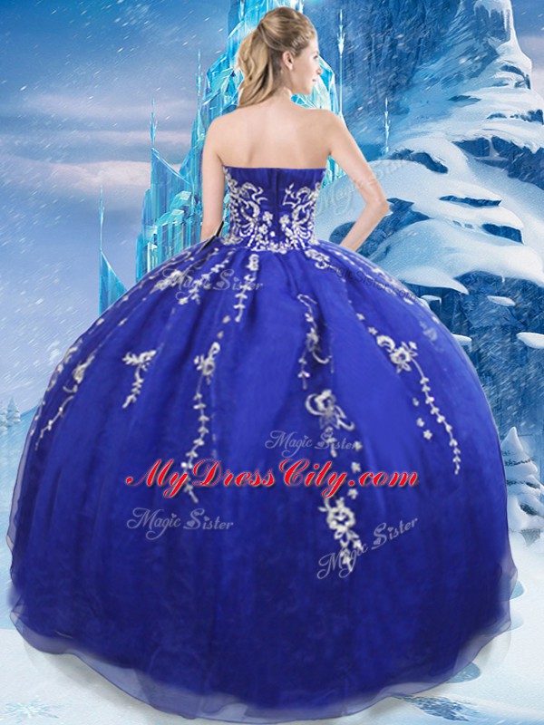 Customized Floor Length Blue Quinceanera Dresses Organza Sleeveless Appliques