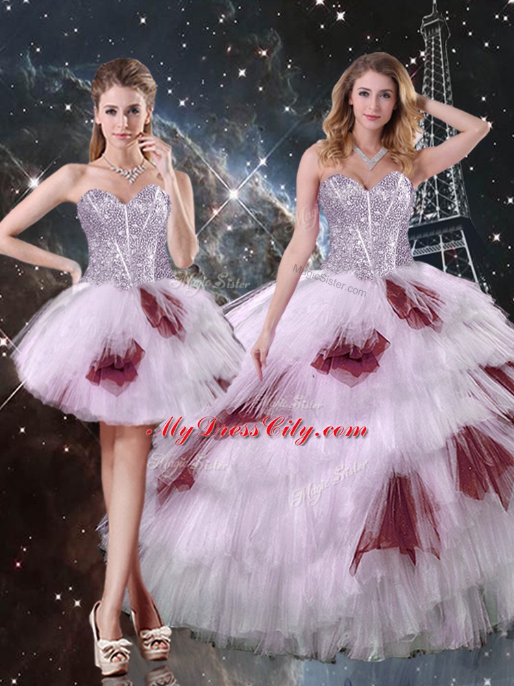 Popular Sweetheart Sleeveless Sweet 16 Quinceanera Dress Floor Length Beading and Ruffled Layers and Sequins Multi-color Tulle