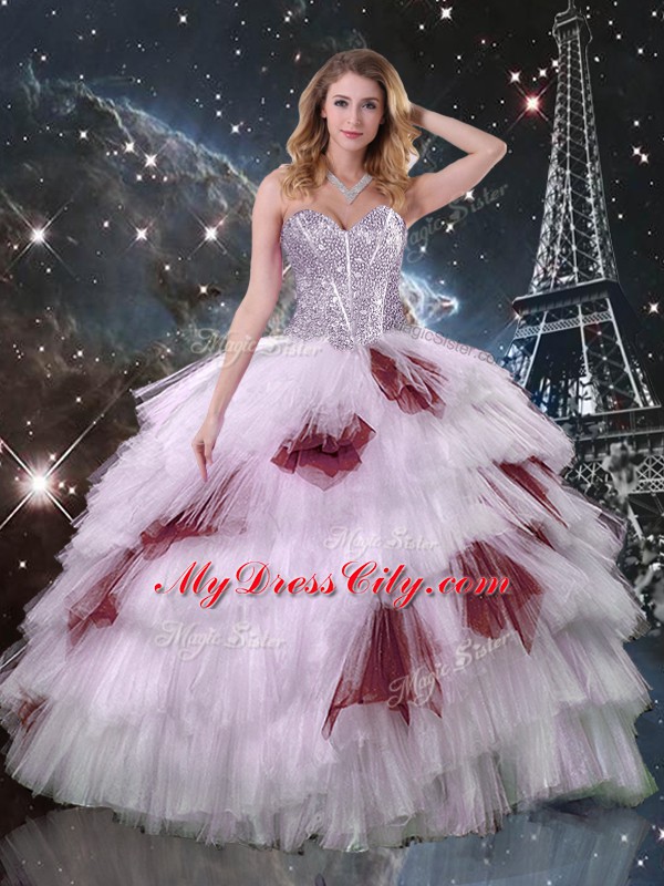 Popular Sweetheart Sleeveless Sweet 16 Quinceanera Dress Floor Length Beading and Ruffled Layers and Sequins Multi-color Tulle