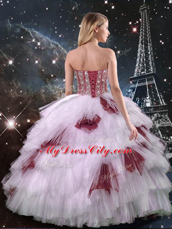 Popular Sweetheart Sleeveless Sweet 16 Quinceanera Dress Floor Length Beading and Ruffled Layers and Sequins Multi-color Tulle