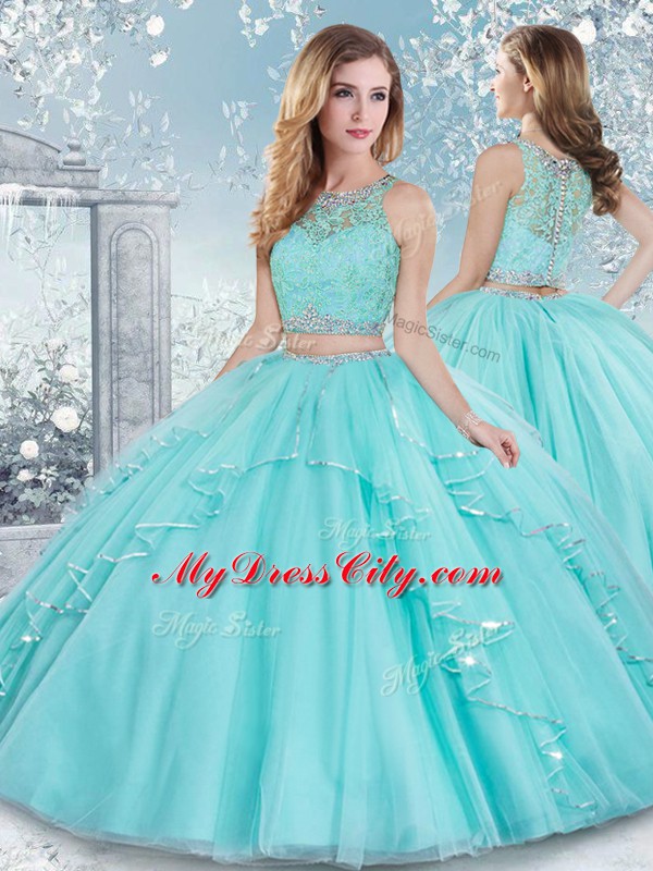 Aqua Blue Sleeveless Floor Length Beading and Lace Clasp Handle Sweet 16 Dresses