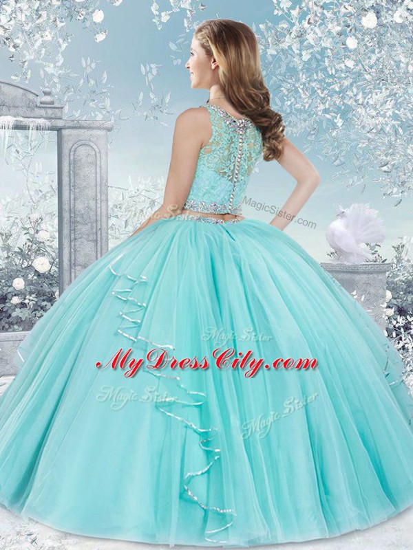 Aqua Blue Sleeveless Floor Length Beading and Lace Clasp Handle Sweet 16 Dresses