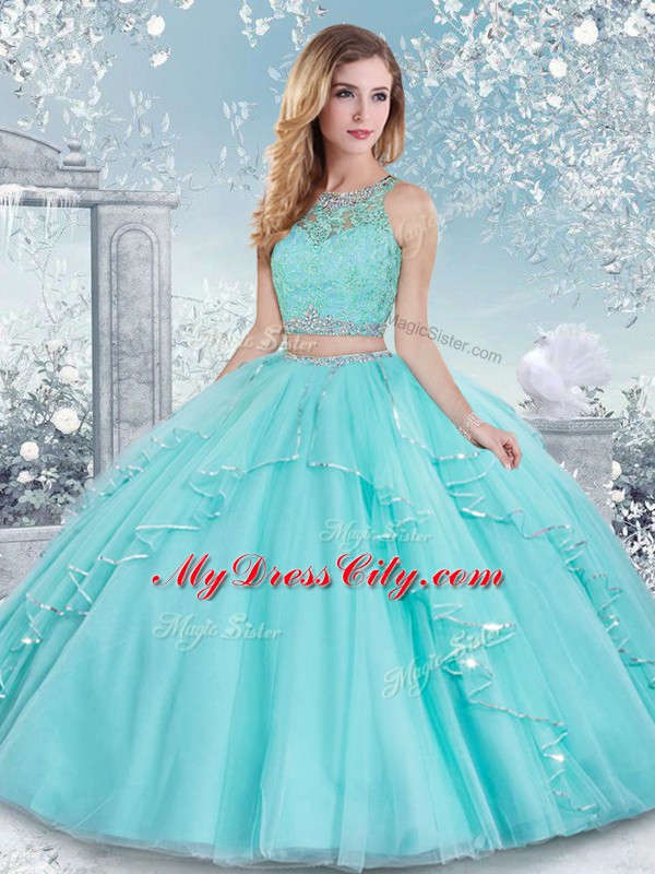 Aqua Blue Sleeveless Floor Length Beading and Lace Clasp Handle Sweet 16 Dresses