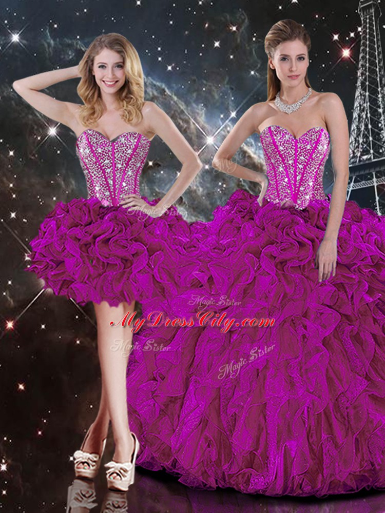 Fuchsia Sleeveless Organza Lace Up Quinceanera Dresses for Military Ball and Sweet 16 and Quinceanera