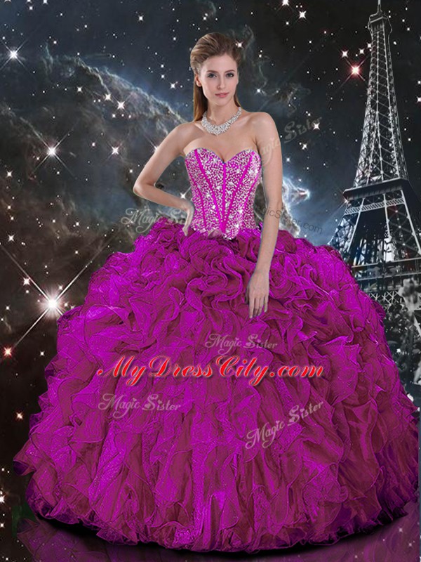 Fuchsia Sleeveless Organza Lace Up Quinceanera Dresses for Military Ball and Sweet 16 and Quinceanera