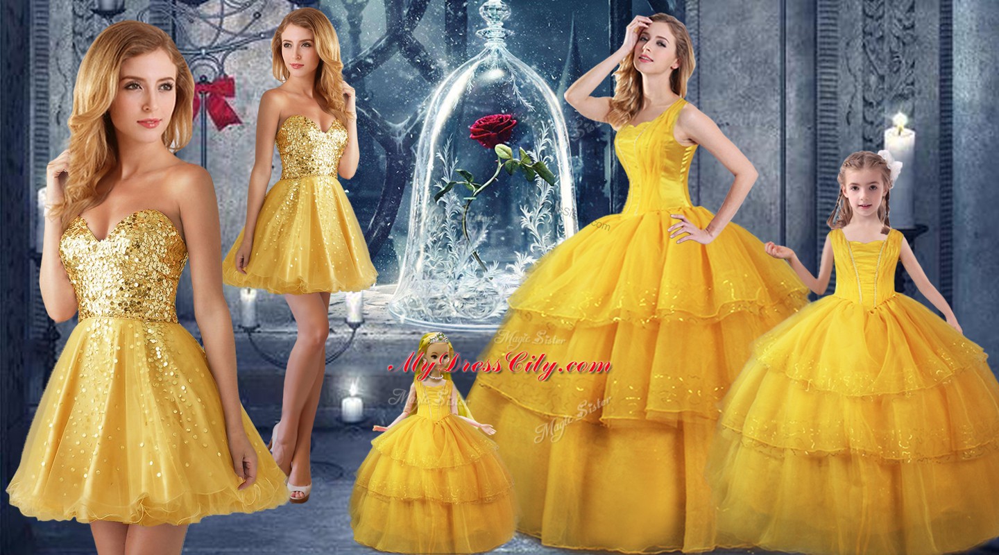 Floor Length Lace Up Quinceanera Dress Gold for Military Ball and Sweet 16 and Quinceanera with Ruffled Layers