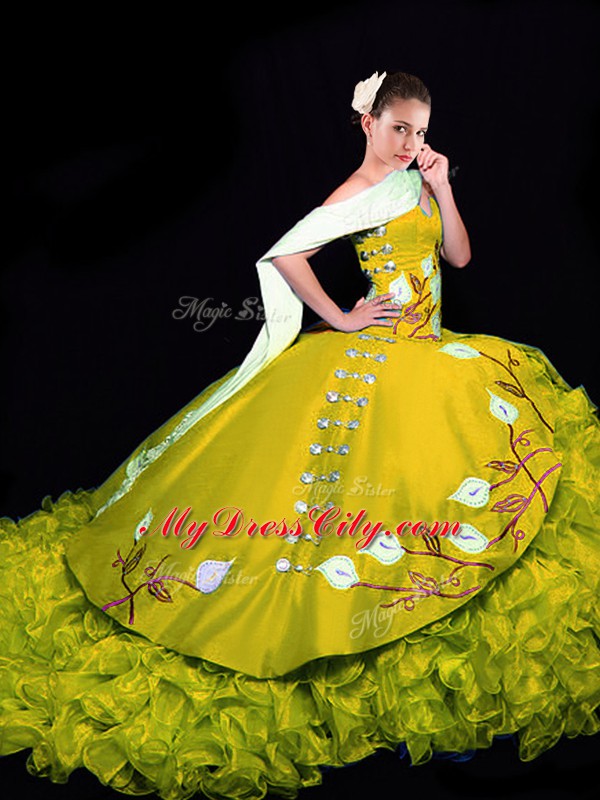 Latest Gold Ball Gowns Embroidery and Ruffles Quinceanera Gown Lace Up Organza Sleeveless